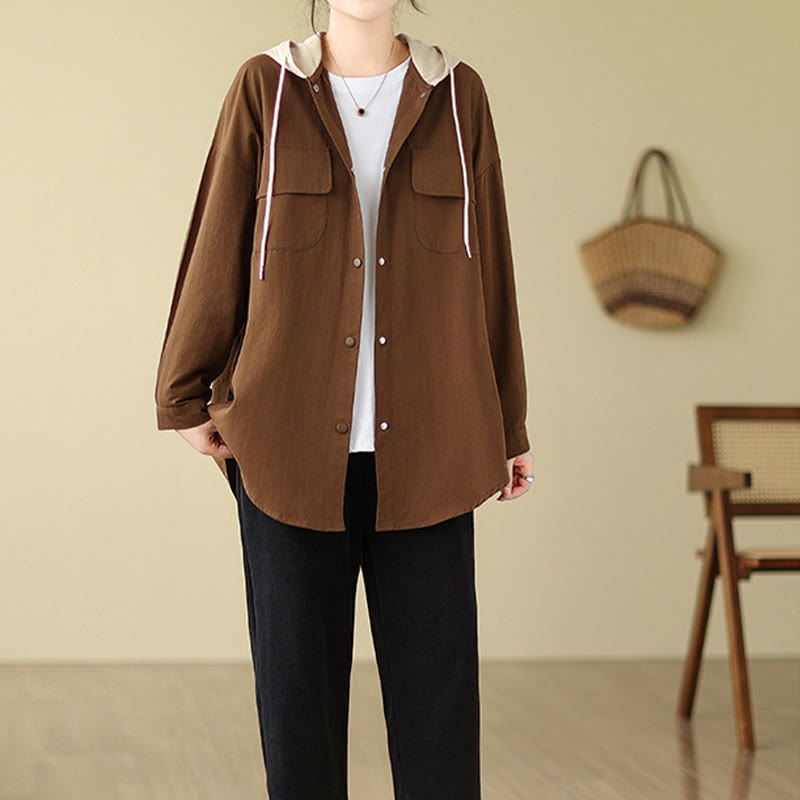 Veste à capuche décontractée en coton et lin avec cordon de serrage et poches Buddha Stones pour femme - image 5