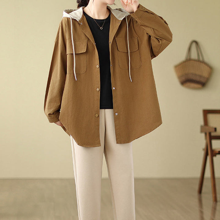 Veste à capuche décontractée en coton et lin avec cordon de serrage et poches Buddha Stones pour femme - image 11