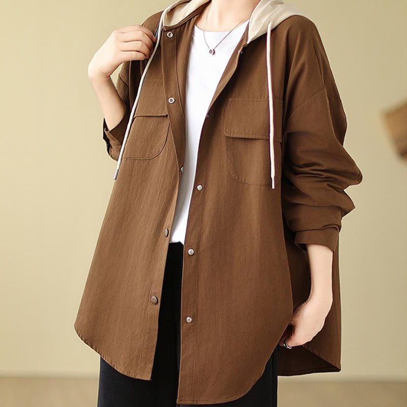 Veste à capuche décontractée en coton et lin avec cordon de serrage et poches Buddha Stones pour femme - SaddleBrown - US14，UK/AU18，EU46 (2XL) - image 0