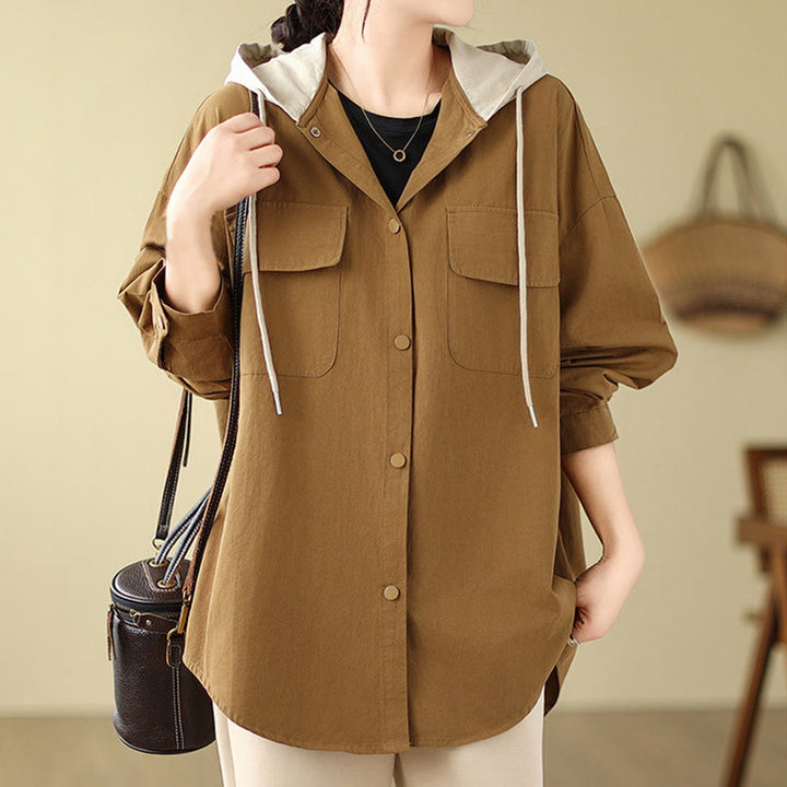 Veste à capuche décontractée en coton et lin avec cordon de serrage et poches Buddha Stones pour femme - image 10