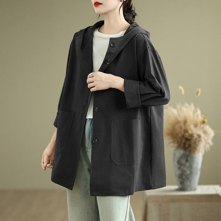 Veste à capuche vintage en coton et lin pour femme avec poches avant et Buddha Stones Fall - Noir - US12，UK/AU16，EU44 (XL) - image 17