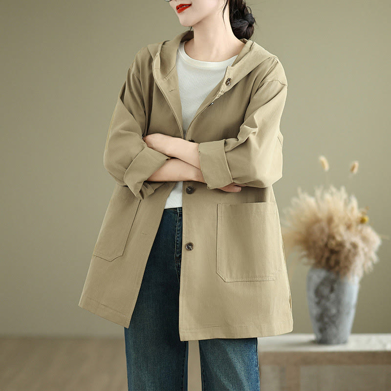 Veste à capuche vintage en coton et lin pour femme avec poches avant et Buddha Stones Fall - Verge d'or pâle - US12，UK/AU16，EU44 (XL) - image 7