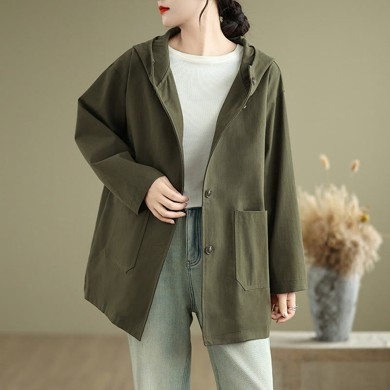 Veste à capuche vintage en coton et lin pour femme avec poches avant et Buddha Stones Fall - Vert olive - US12，UK/AU16，EU44 (XL) - image 0