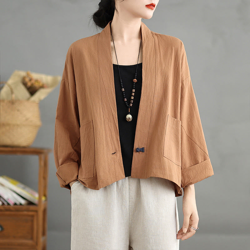 Buddha Stones Cardigan décontracté vintage uni à manches longues ouvert sur le devant en coton et lin avec poches - Pérou - US14，UK/AU18，EU46 (2XL) - image 0