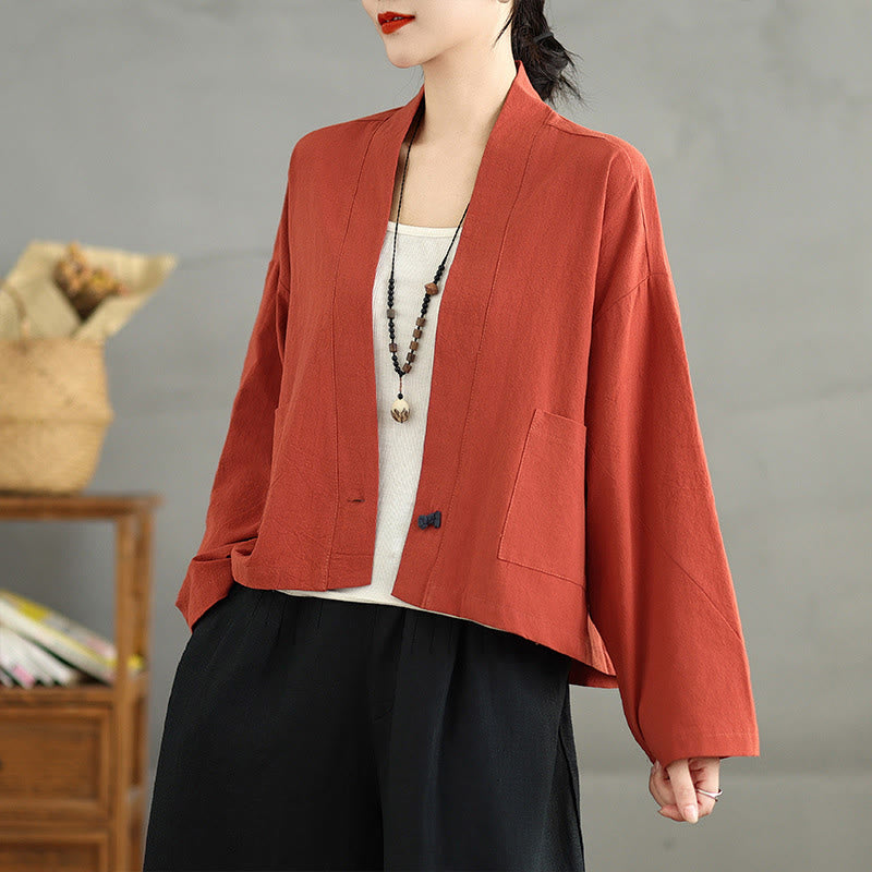 Buddha Stones Cardigan décontracté vintage uni à manches longues ouvert sur le devant en coton et lin avec poches - OrangeRouge - US14，UK/AU18，EU46 (2XL) - image 9