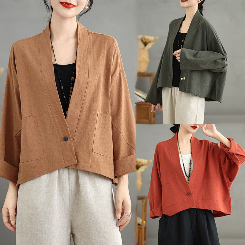 Veste décontractée vintage unie à manches longues et poches, Buddha Stones - image 21