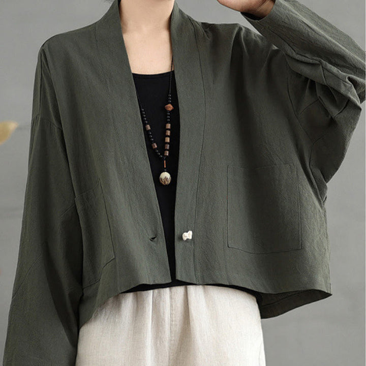 Buddha Stones Cardigan décontracté vintage uni à manches longues ouvert sur le devant en coton et lin avec poches - Vert olive foncé - US14，UK/AU18，EU46 (2XL) - image 14