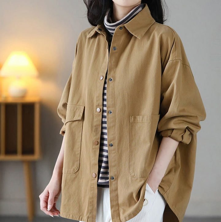 Veste en coton décontractée vintage Buddha Stones pour femme, couleur unie, avec poches - image 3