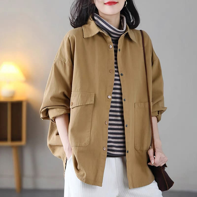 Veste en coton décontractée vintage Buddha Stones pour femme, couleur unie, avec poches - Verge d'or - US14，UK/AU18，EU46 (2XL) - image 1