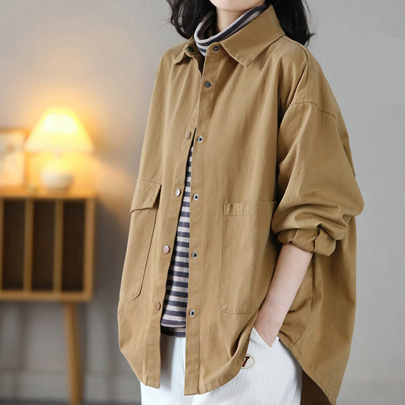 Veste en coton décontractée vintage Buddha Stones pour femme, couleur unie, avec poches - image 1