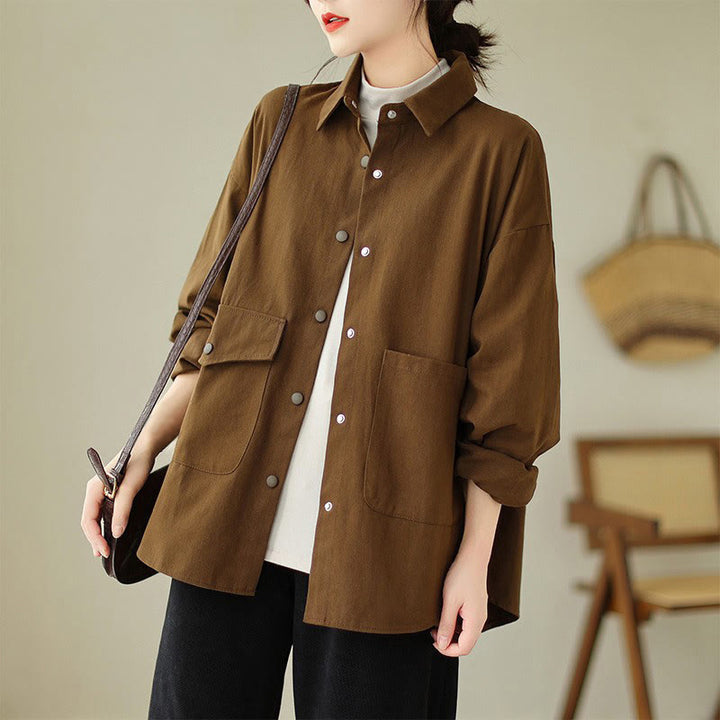 Veste en coton décontractée vintage Buddha Stones pour femme, couleur unie, avec poches - SaddleBrown - US14，UK/AU18，EU46 (2XL) - image 13