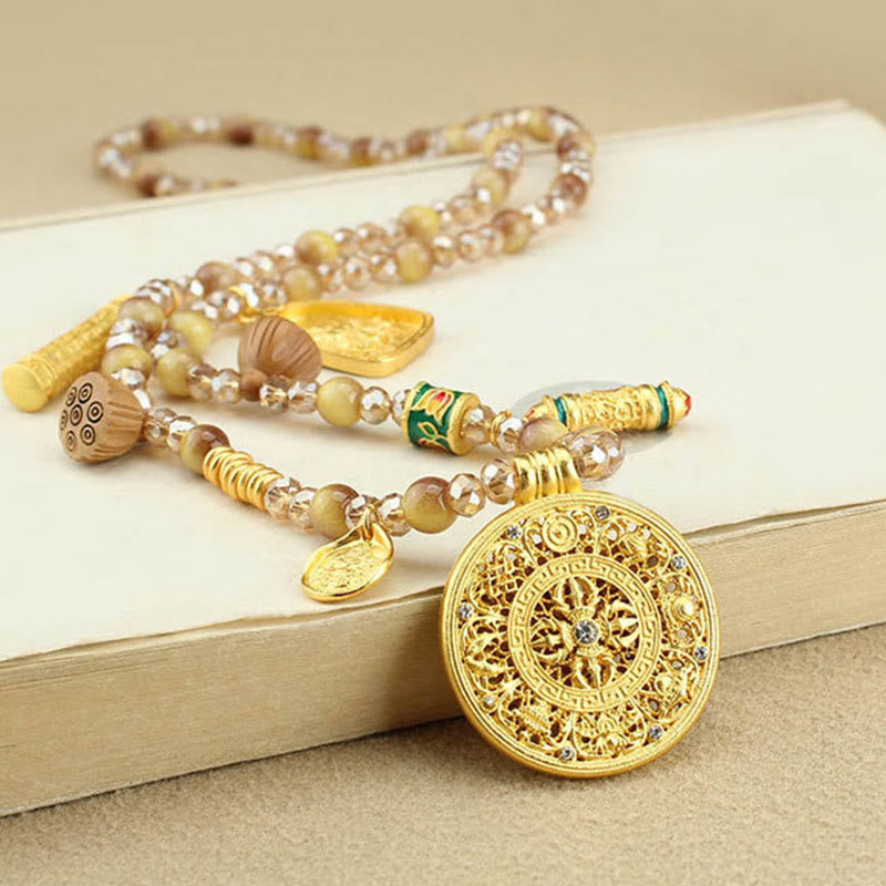 Collier pendentif en perles d'œil de tigre doré avec plaque ronde en forme de lotus tibétain en Buddha Stones - Assiette ronde Huit Trésors - image 1