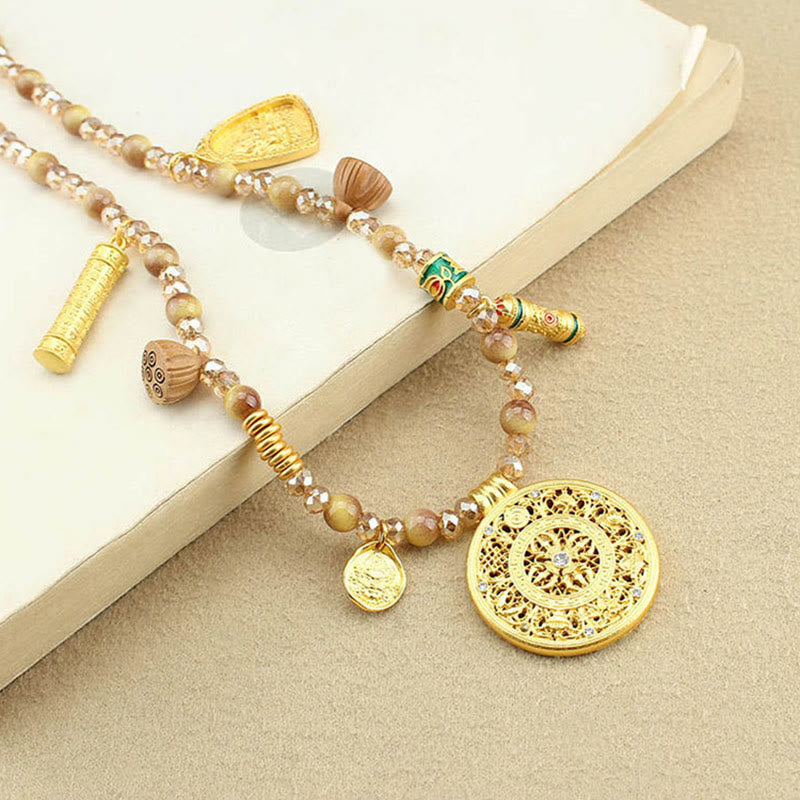 Collier pendentif en perles d'œil de tigre doré avec plaque ronde en forme de lotus tibétain en Buddha Stones - image 2