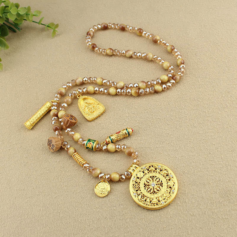 Collier pendentif en perles d'œil de tigre doré avec plaque ronde en forme de lotus tibétain en Buddha Stones - image 9