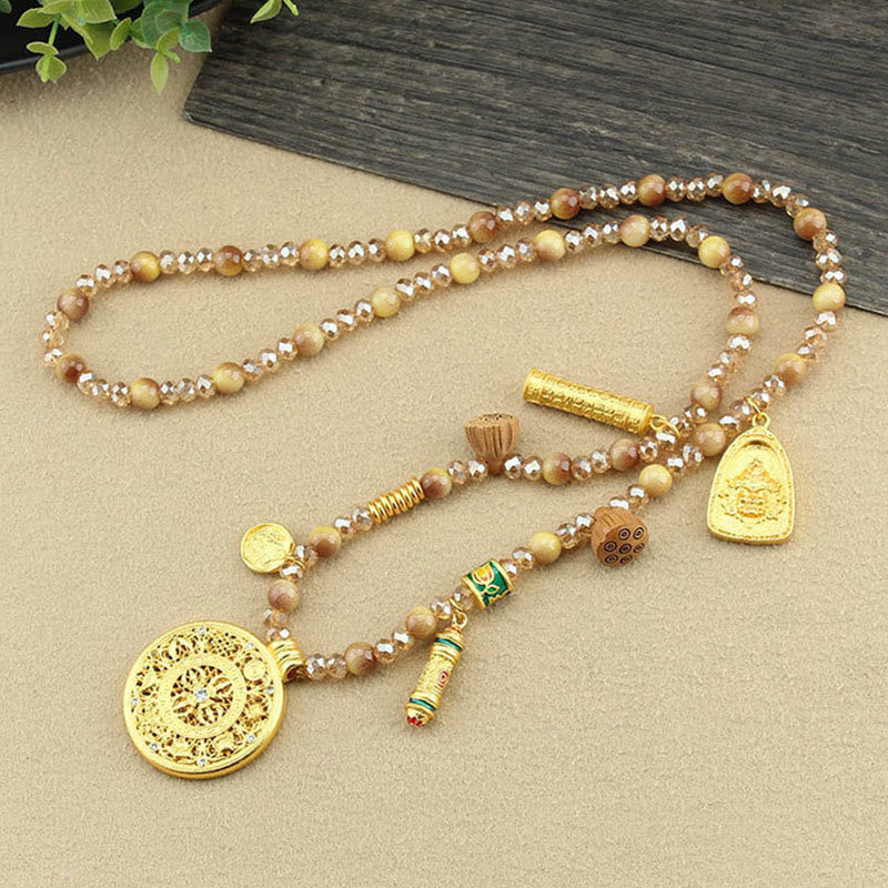 Collier pendentif en perles d'œil de tigre doré avec plaque ronde en forme de lotus tibétain en Buddha Stones - image 4