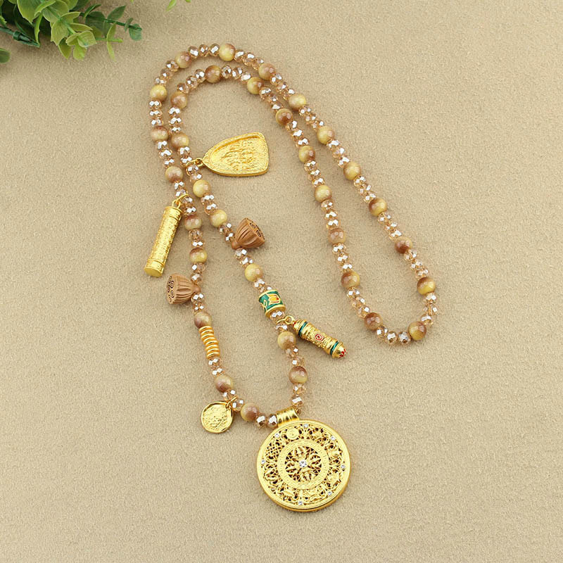Collier pendentif en perles d'œil de tigre doré avec plaque ronde en forme de lotus tibétain en Buddha Stones - image 10