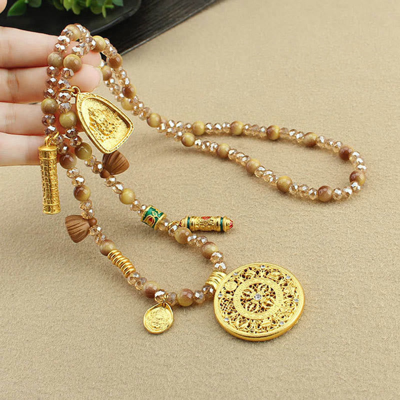 Collier pendentif en perles d'œil de tigre doré avec plaque ronde en forme de lotus tibétain en Buddha Stones - image 5