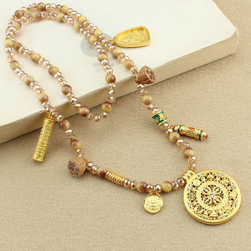 Collier pendentif en perles d'œil de tigre doré avec plaque ronde en forme de lotus tibétain en Buddha Stones - image 3