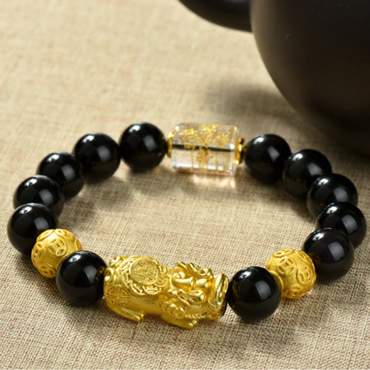 Bracelet de richesse en perles d'obsidienne arc-en-ciel en cuivre et Buddha Stones Fengshui Pixiu - Pièces de cuivre et fortune et Pixiu en laiton (circonférence du poignet : 18-19 cm) - image 18