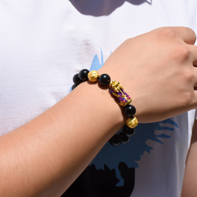 Bracelet de richesse en perles d'obsidienne arc-en-ciel en cuivre et Buddha Stones Fengshui Pixiu - image 12