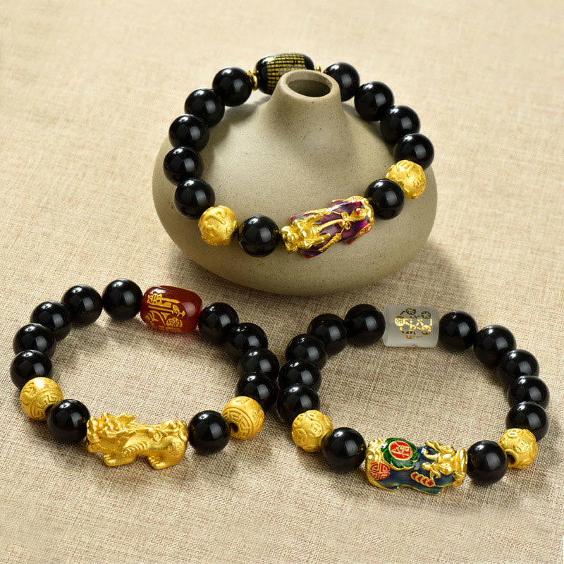 Bracelet de richesse en perles d'obsidienne arc-en-ciel en cuivre et Buddha Stones Fengshui Pixiu - image 29