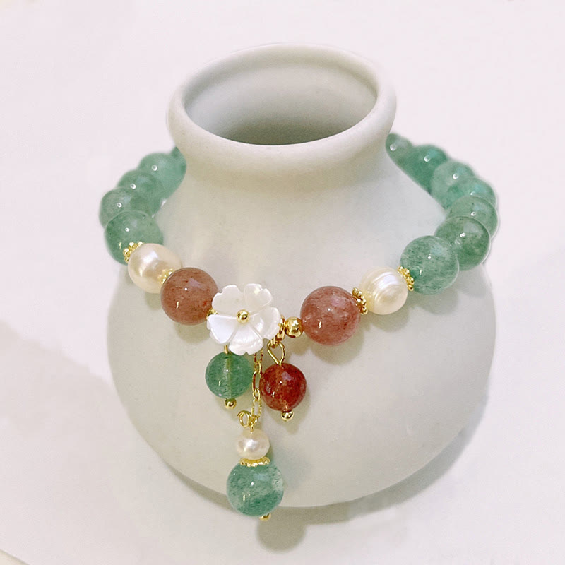 Bracelet apaisant Buddha Stones en quartz fraise vert et coquillage fleur de pêcher - Quartz fraise vert (tour de poignet : 14-15 cm) - image 1