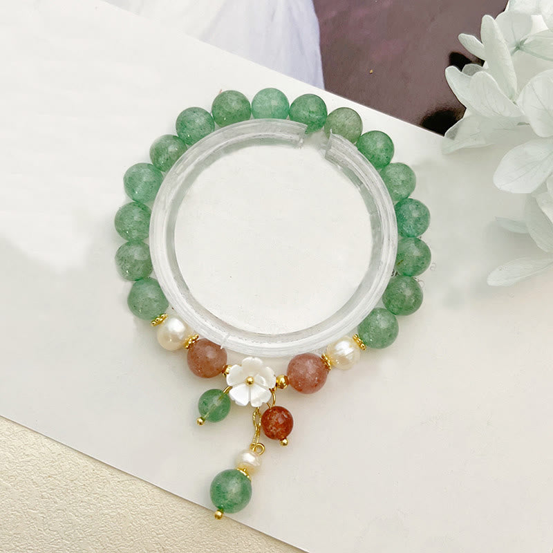 Bracelet apaisant Buddha Stones en quartz fraise vert et coquillage fleur de pêcher - image 3