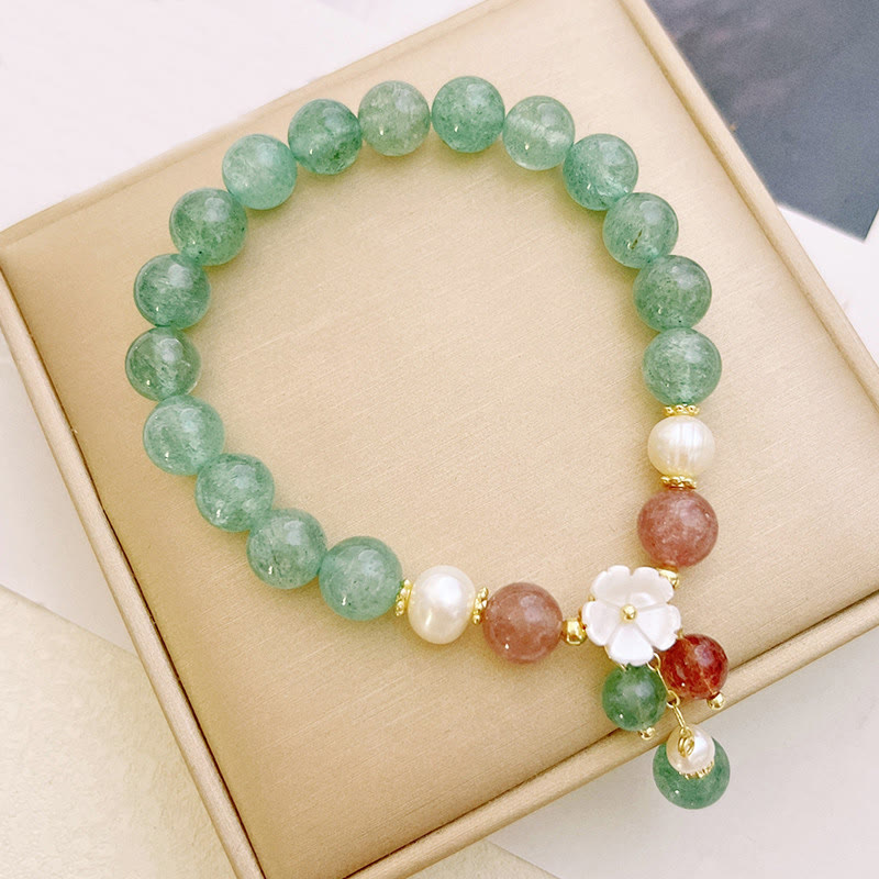 Bracelet apaisant Buddha Stones en quartz fraise vert et coquillage fleur de pêcher - image 2