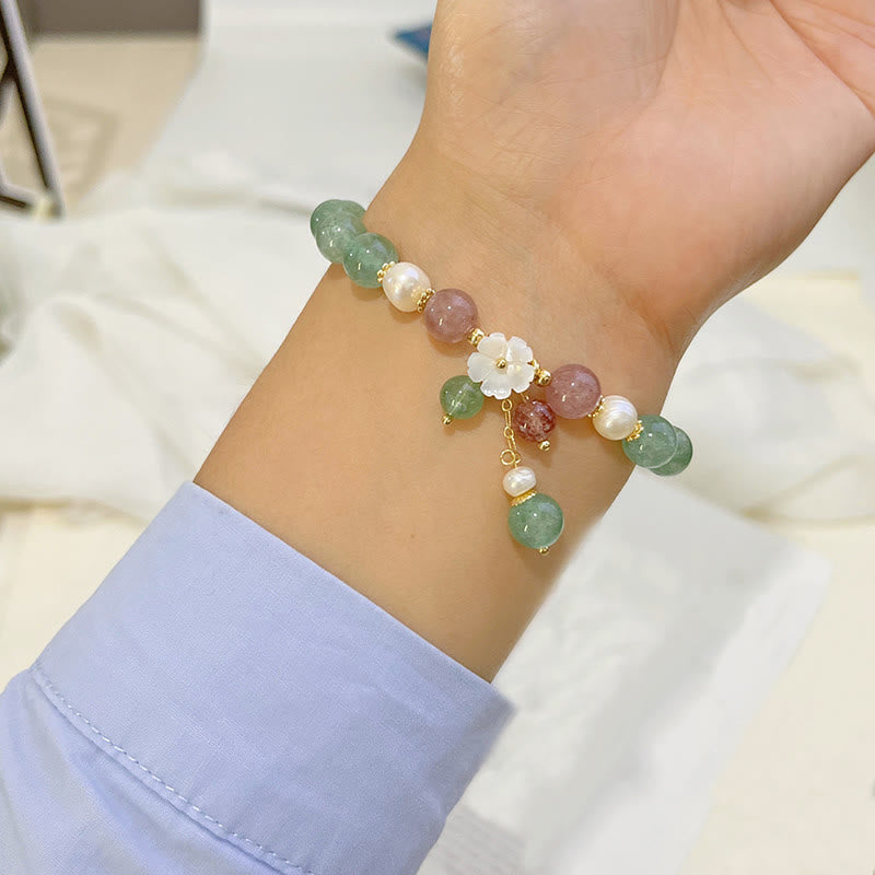 Bracelet apaisant Buddha Stones en quartz fraise vert et coquillage fleur de pêcher - image 4