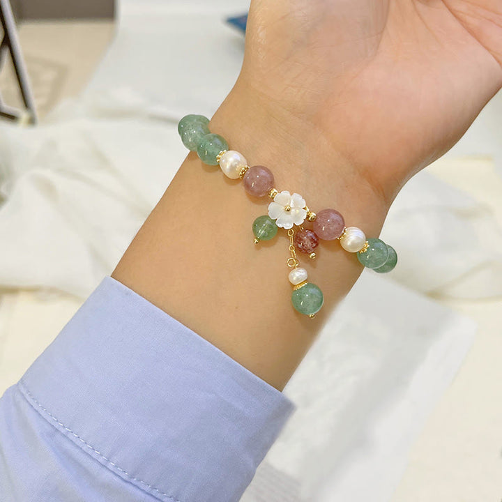 Bracelet apaisant Buddha Stones en quartz fraise vert et coquillage fleur de pêcher - image 4