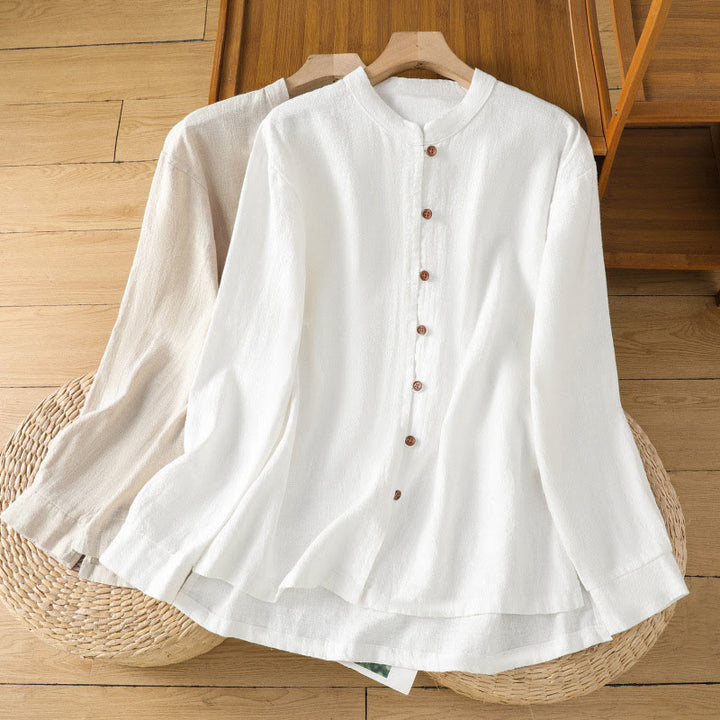 Chemise femme en coton et lin à imprimé Buddha Stones, couleur unie, ourlet simple et fente - image 21