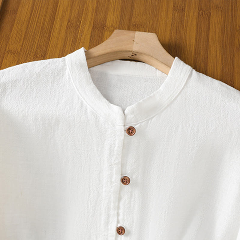 Chemise femme en coton et lin à imprimé Buddha Stones, couleur unie, ourlet simple et fente - image 12