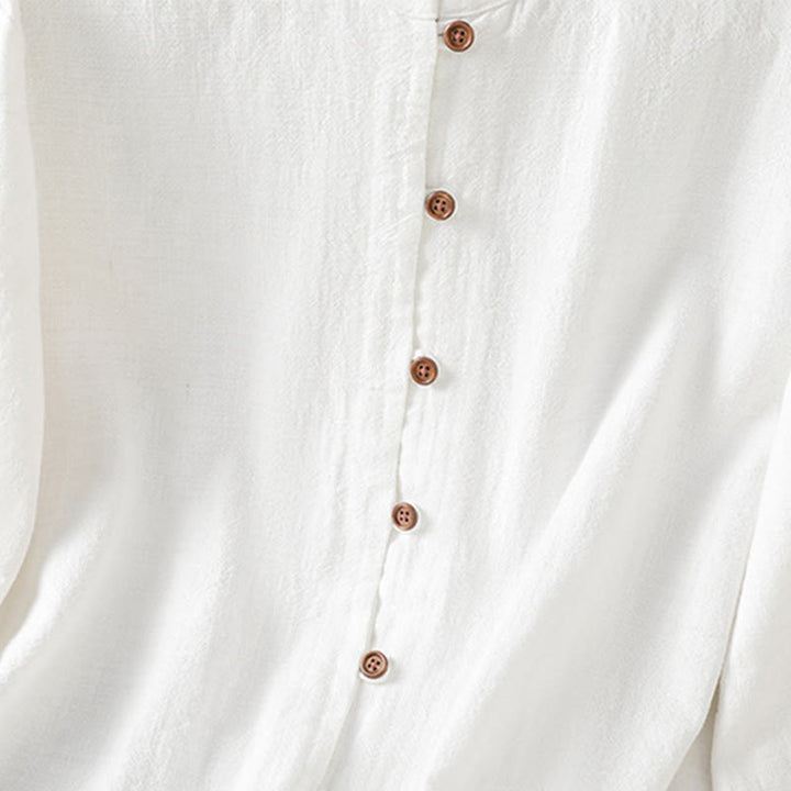 Chemise femme en coton et lin à imprimé Buddha Stones, couleur unie, ourlet simple et fente - image 15