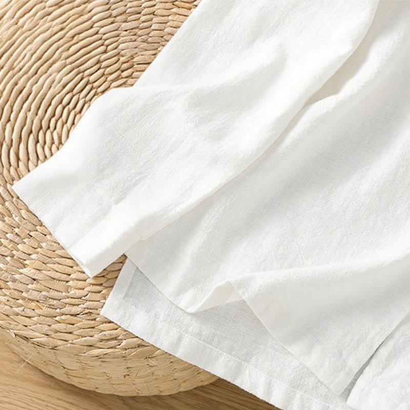 Chemise femme en coton et lin à imprimé Buddha Stones, couleur unie, ourlet simple et fente - image 17