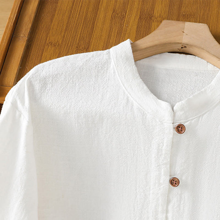 Chemise femme en coton et lin à imprimé Buddha Stones, couleur unie, ourlet simple et fente - image 13