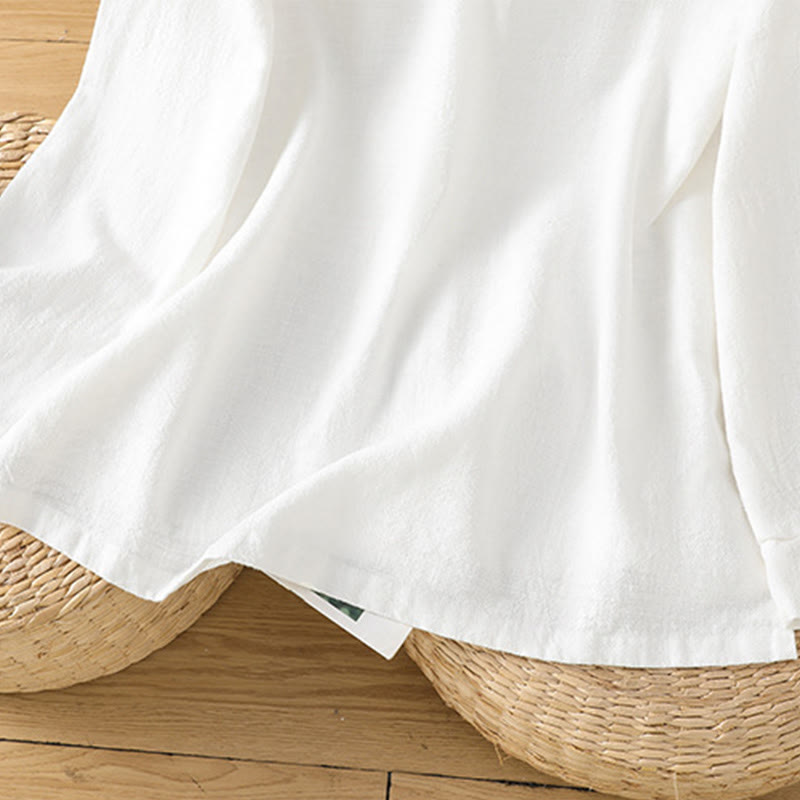 Chemise femme en coton et lin à imprimé Buddha Stones, couleur unie, ourlet simple et fente - image 20