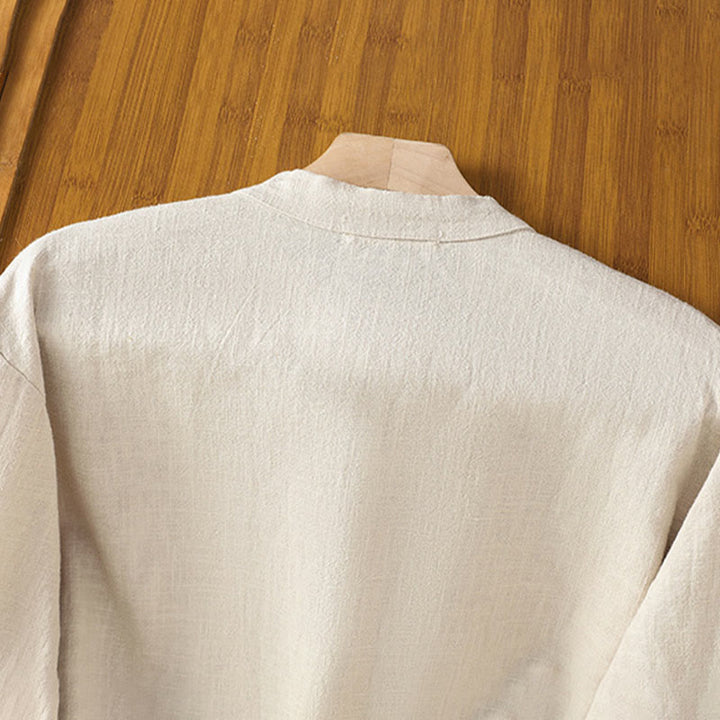 Chemise femme en coton et lin à imprimé Buddha Stones, couleur unie, ourlet simple et fente - image 3