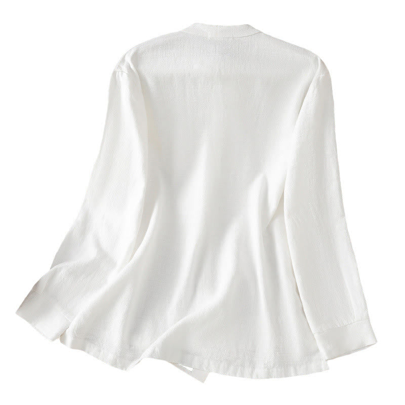 Chemise femme en coton et lin à imprimé Buddha Stones, couleur unie, ourlet simple et fente - image 20