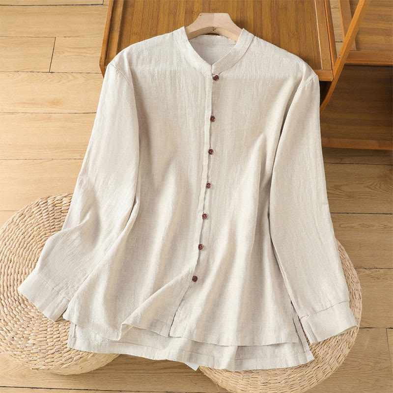 Chemise femme en coton et lin à imprimé Buddha Stones, couleur unie, ourlet simple et fente - Lin - US14，UK/AU18，EU46 (2XL) - image 1
