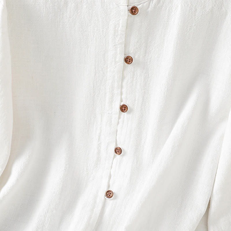 Chemise femme en coton et lin à imprimé Buddha Stones, couleur unie, ourlet simple et fente - image 14