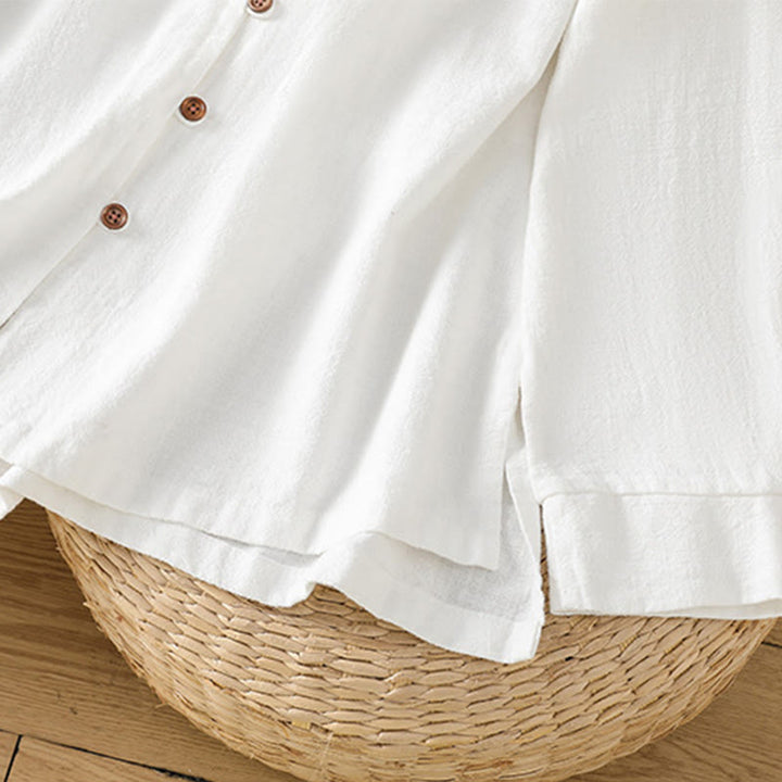 Chemise femme en coton et lin à imprimé Buddha Stones, couleur unie, ourlet simple et fente - image 19