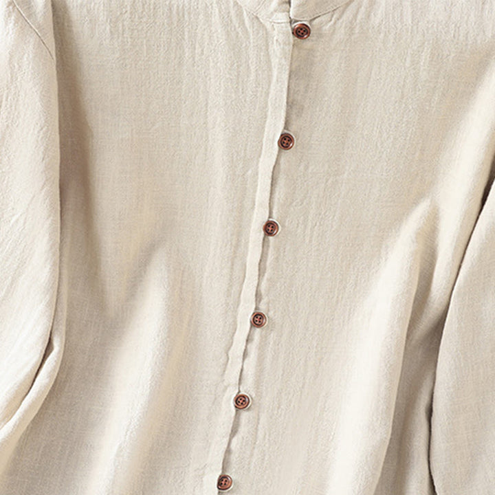Chemise femme en coton et lin à imprimé Buddha Stones, couleur unie, ourlet simple et fente - image 5