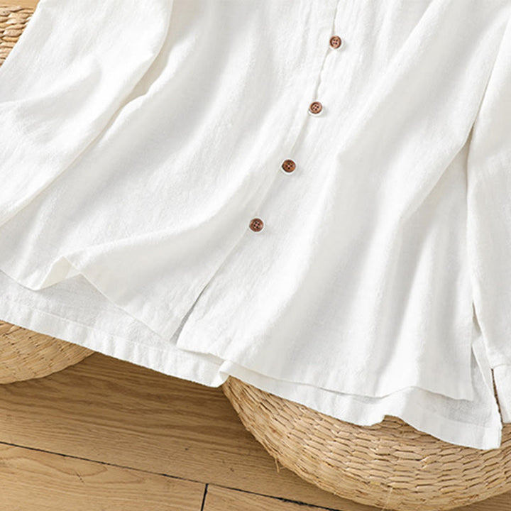Chemise femme en coton et lin à imprimé Buddha Stones, couleur unie, ourlet simple et fente - image 18