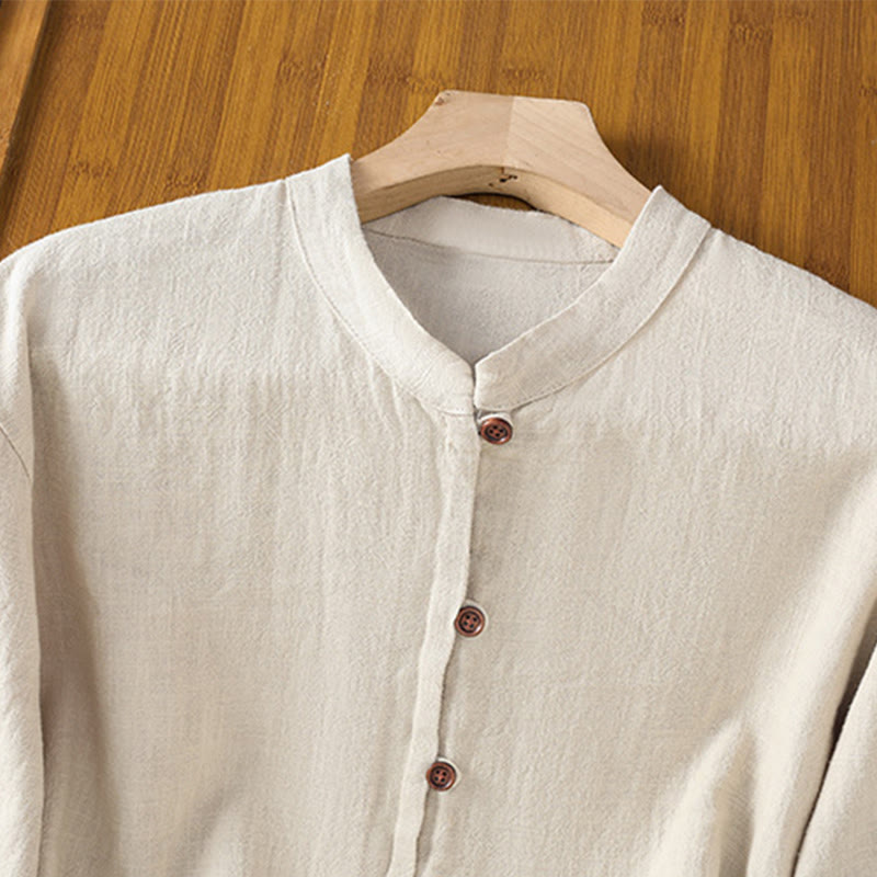 Chemise femme en coton et lin à imprimé Buddha Stones, couleur unie, ourlet simple et fente - image 2