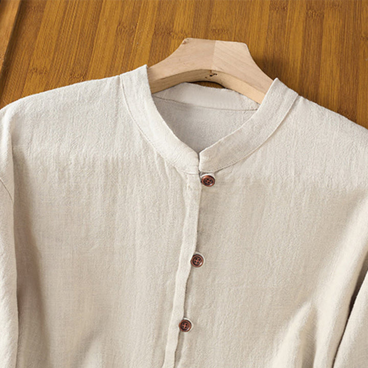 Chemise femme en coton et lin à imprimé Buddha Stones, couleur unie, ourlet simple et fente - image 2