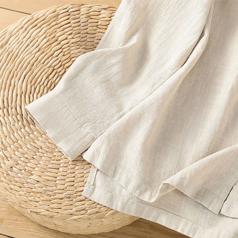 Chemise femme en coton et lin à imprimé Buddha Stones, couleur unie, ourlet simple et fente - image 8