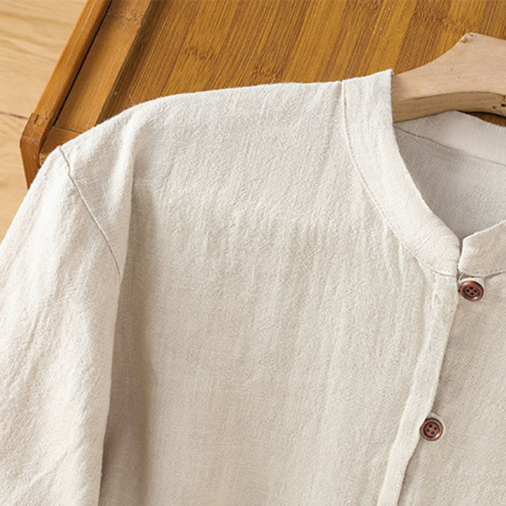 Chemise femme en coton et lin à imprimé Buddha Stones, couleur unie, ourlet simple et fente - image 6