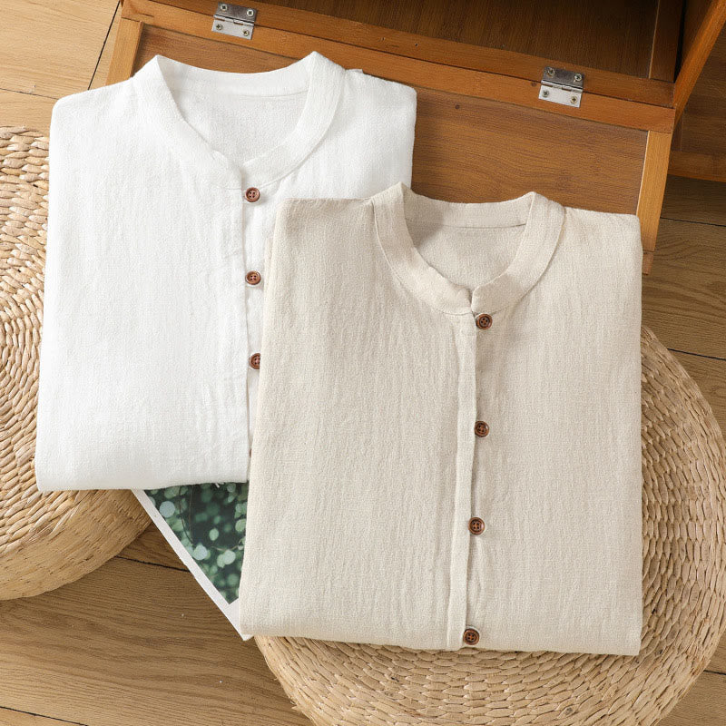 Chemise femme en coton et lin à imprimé Buddha Stones, couleur unie, ourlet simple et fente - image 22