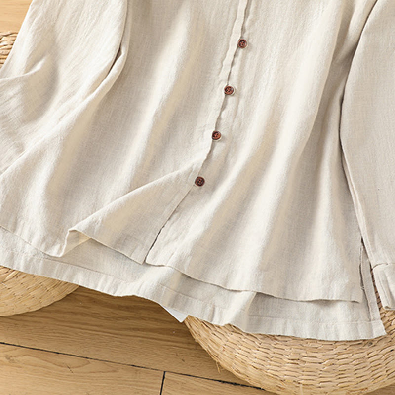 Chemise femme en coton et lin à imprimé Buddha Stones, couleur unie, ourlet simple et fente - image 6