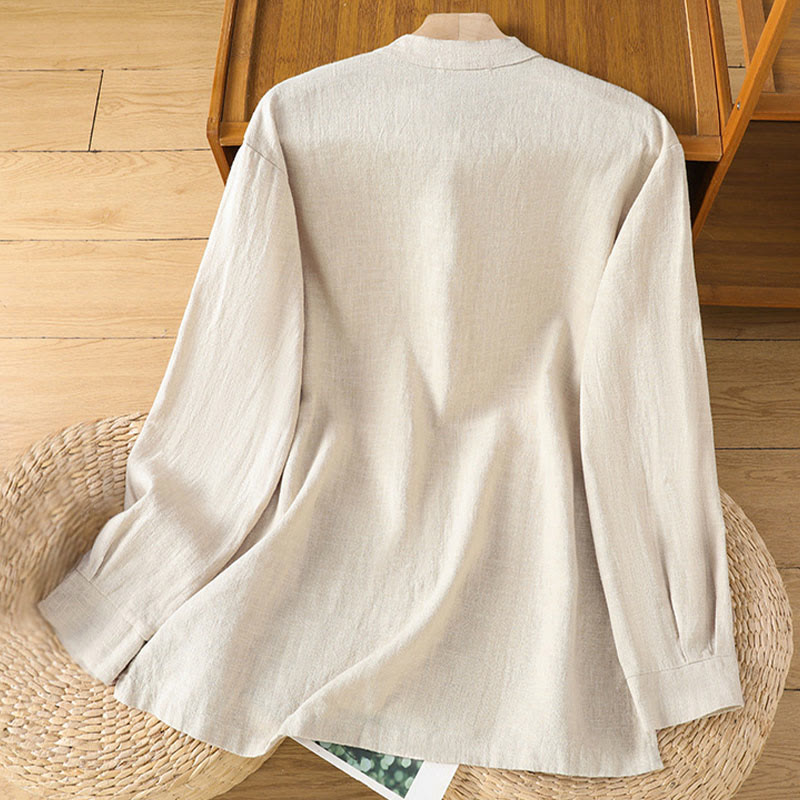 Chemise femme en coton et lin à imprimé Buddha Stones, couleur unie, ourlet simple et fente - image 2